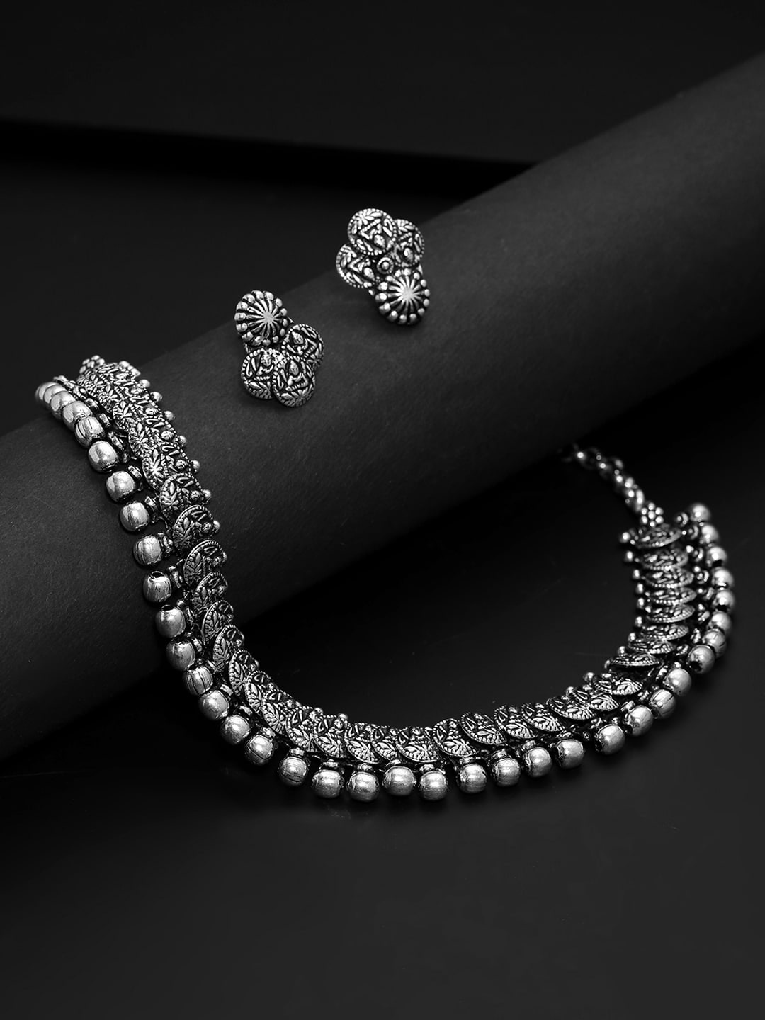 

Yellow Chimes Oxidized Silver-Plated Oxidised Lakshmi Coins Choker Necklace Set