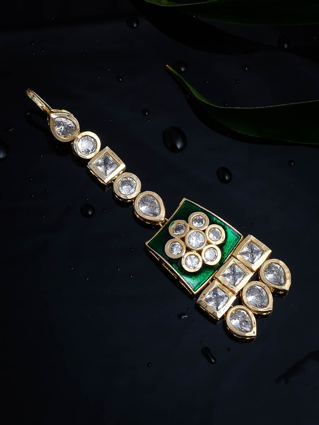 

Silvermerc Designs Gold-Plated White & green Kundan- Studded & Enameled Meenakari Maang Tikka