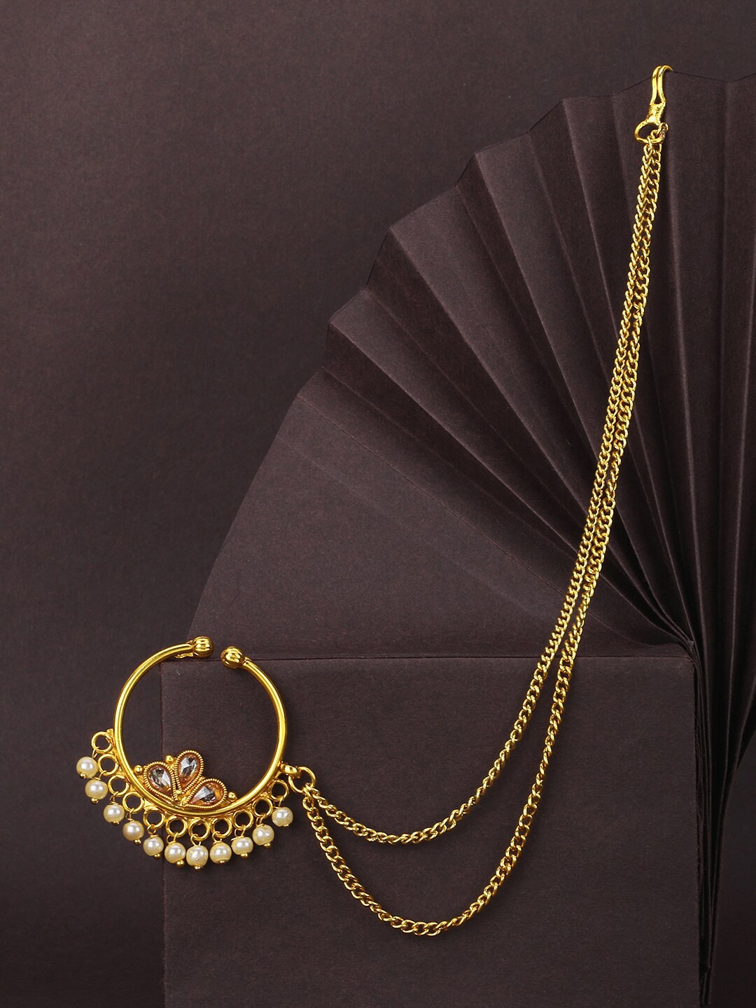 

Adwitiya Collection 24 CT Gold-Plated White Pearl-Beaded Chained Nose Ring