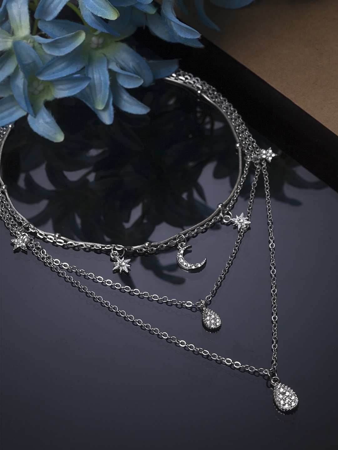 

Shining Diva Fashion Silver-Plated White Stone-Studded Layered Necklace
