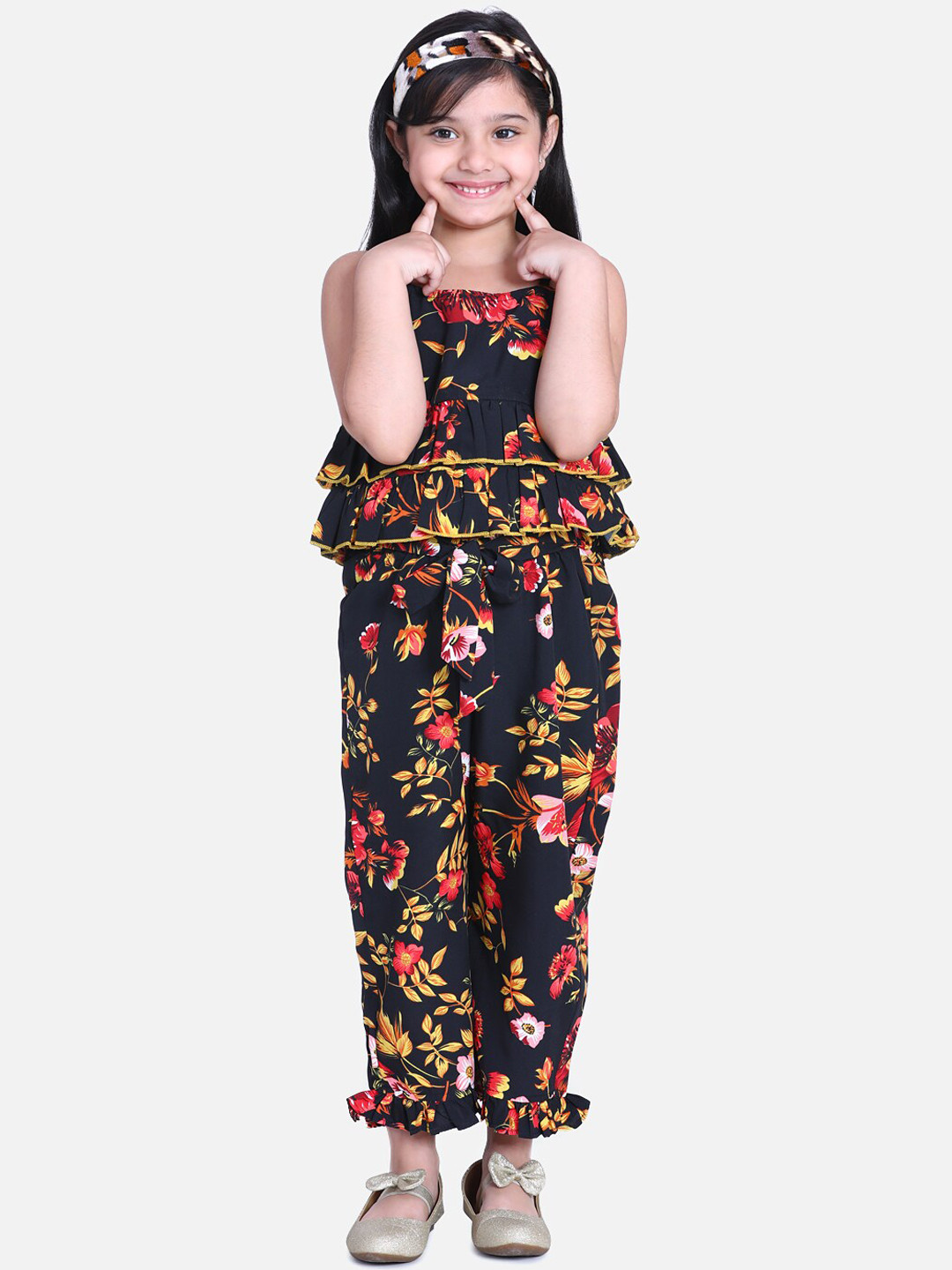 

Cutiekins Girls Black & Red Floral Printed Top With Palazzo