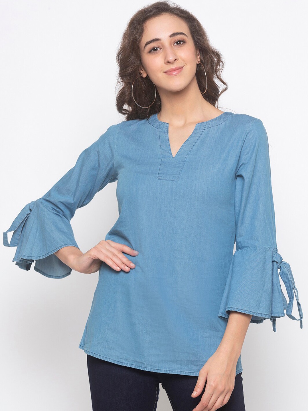

Globus Women Blue Solid Top with Bell Sleeves