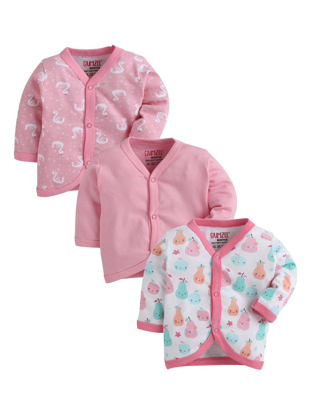 

BUMZEE Infant Kids Pack Of 3 Printed V-Neck Jhablas, Pink