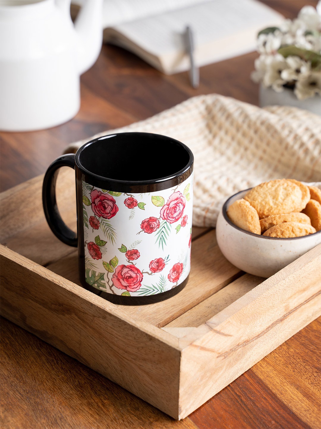 

KOLOROBIA White & Black Misty Morning Roses Printed Mug