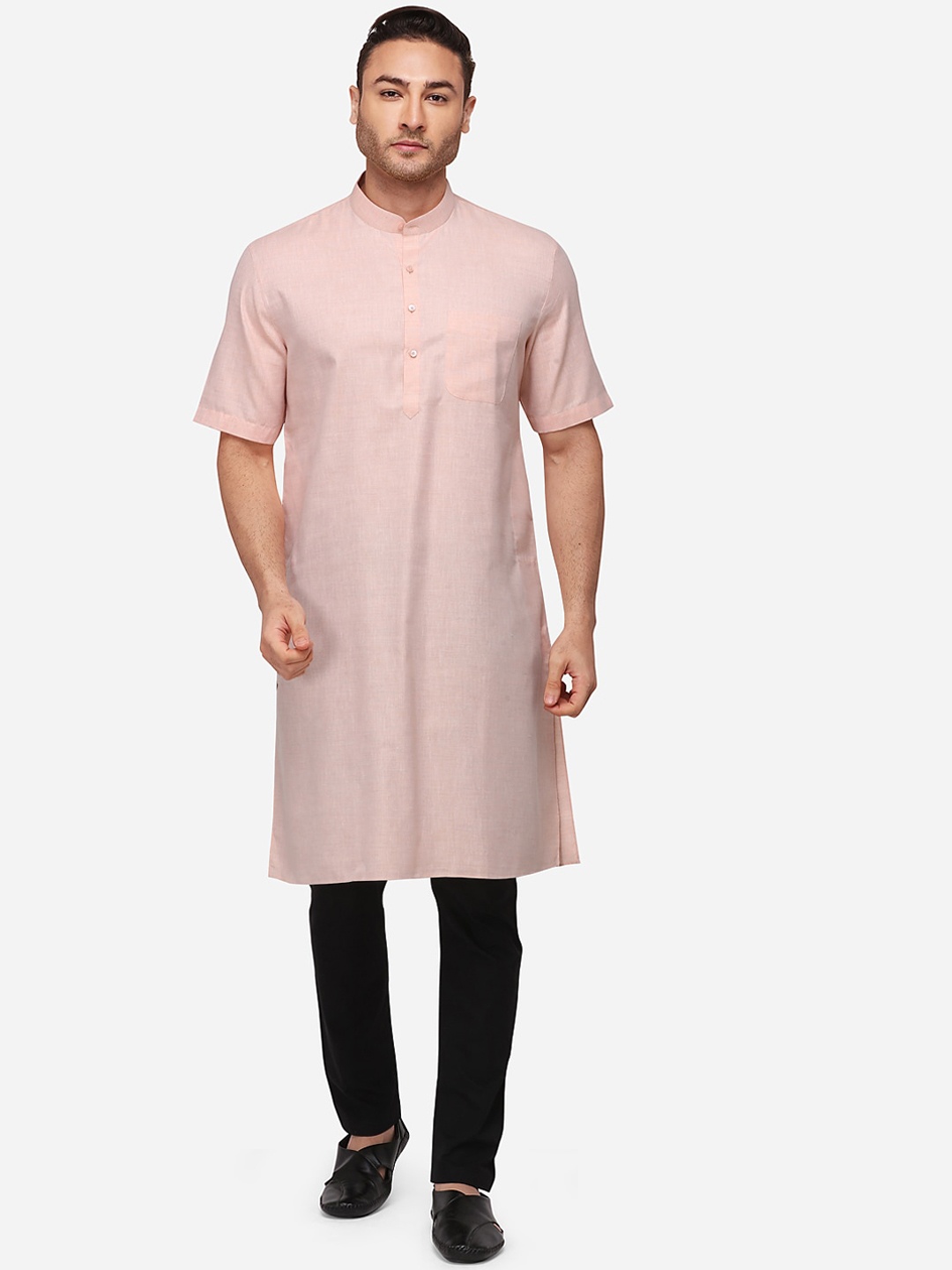 

JADE BLUE Men Pink Woven Design Straight Modi Kurta