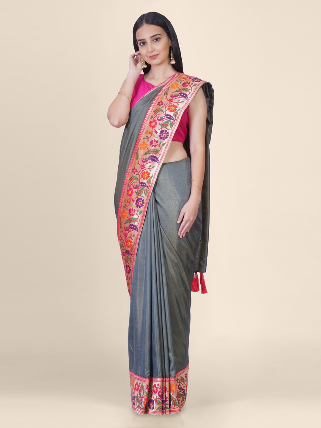 

Hastakala Grey & Pink Poly Silk Woven Design Tussar Saree