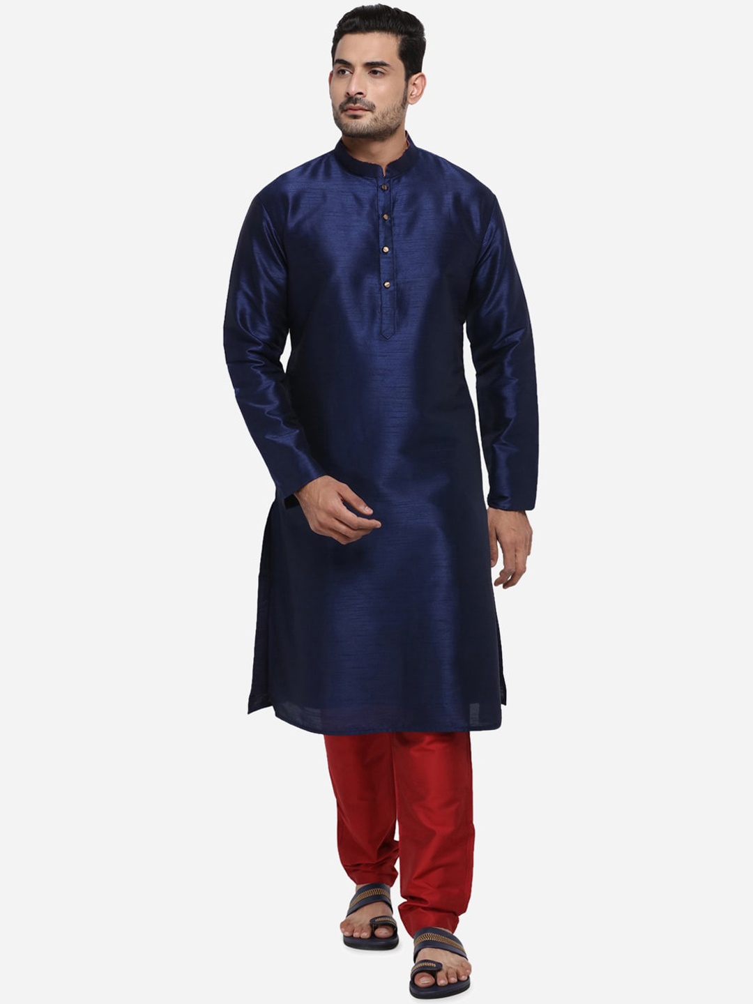 azania Men Blue & Maroon Solid Kurta with Pyjamas
