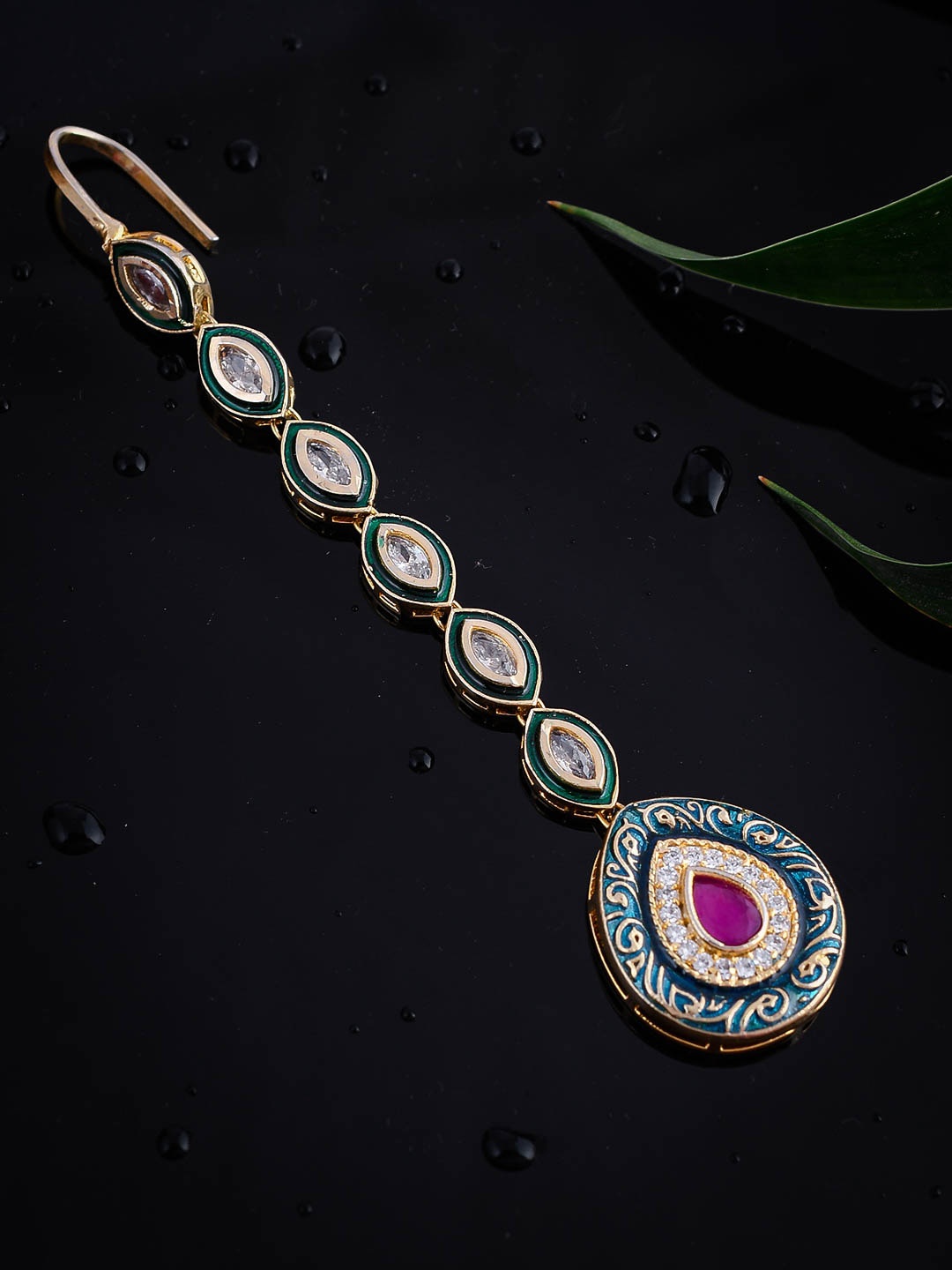 

Silvermerc Designs Gold-Plated White & Green Diamond-studded Meenakari Maang Tika