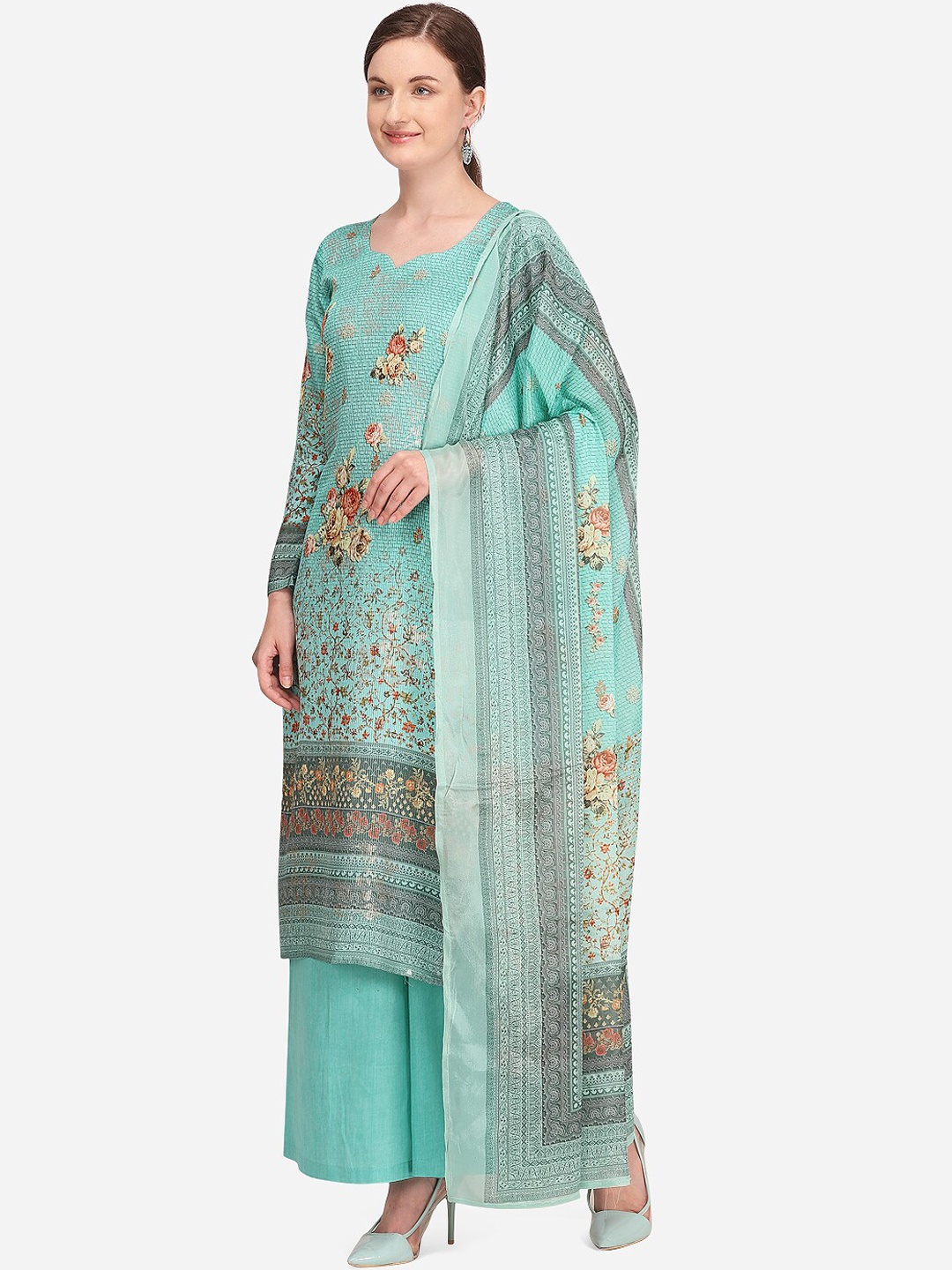 

Stylee LIFESTYLE Women Turquoise Blue & Black Printed Unstitched Dress Material