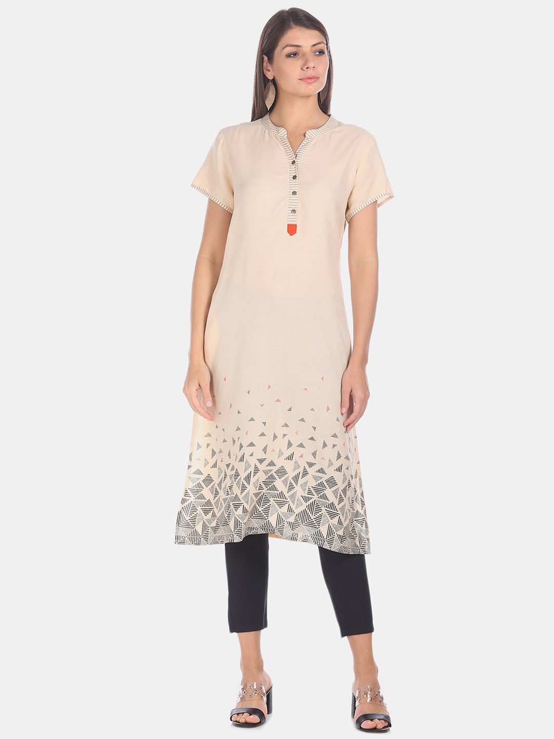 

Karigari Women Cream-Coloured Solid A-Line Kurta