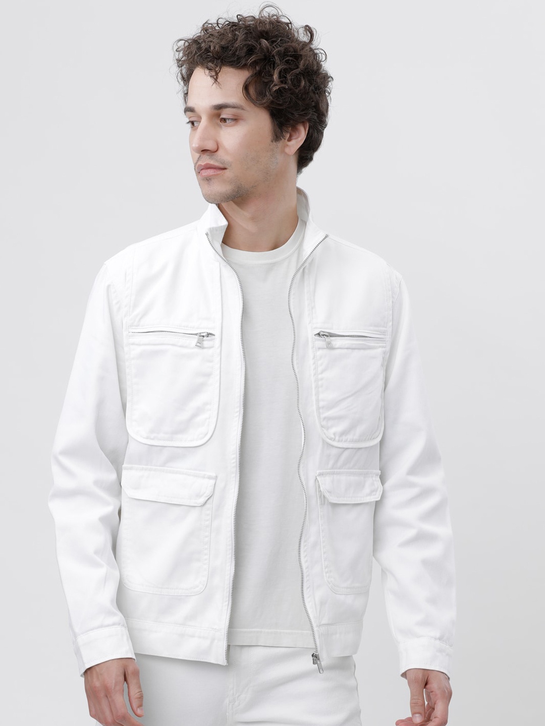

LOCOMOTIVE Men White Solid Denim Jacket