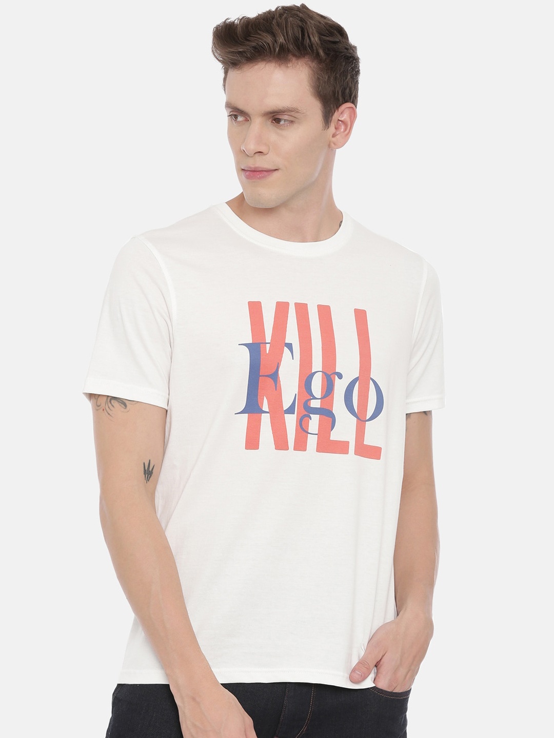 

Bushirt Men White Printed Round Neck T-shirt