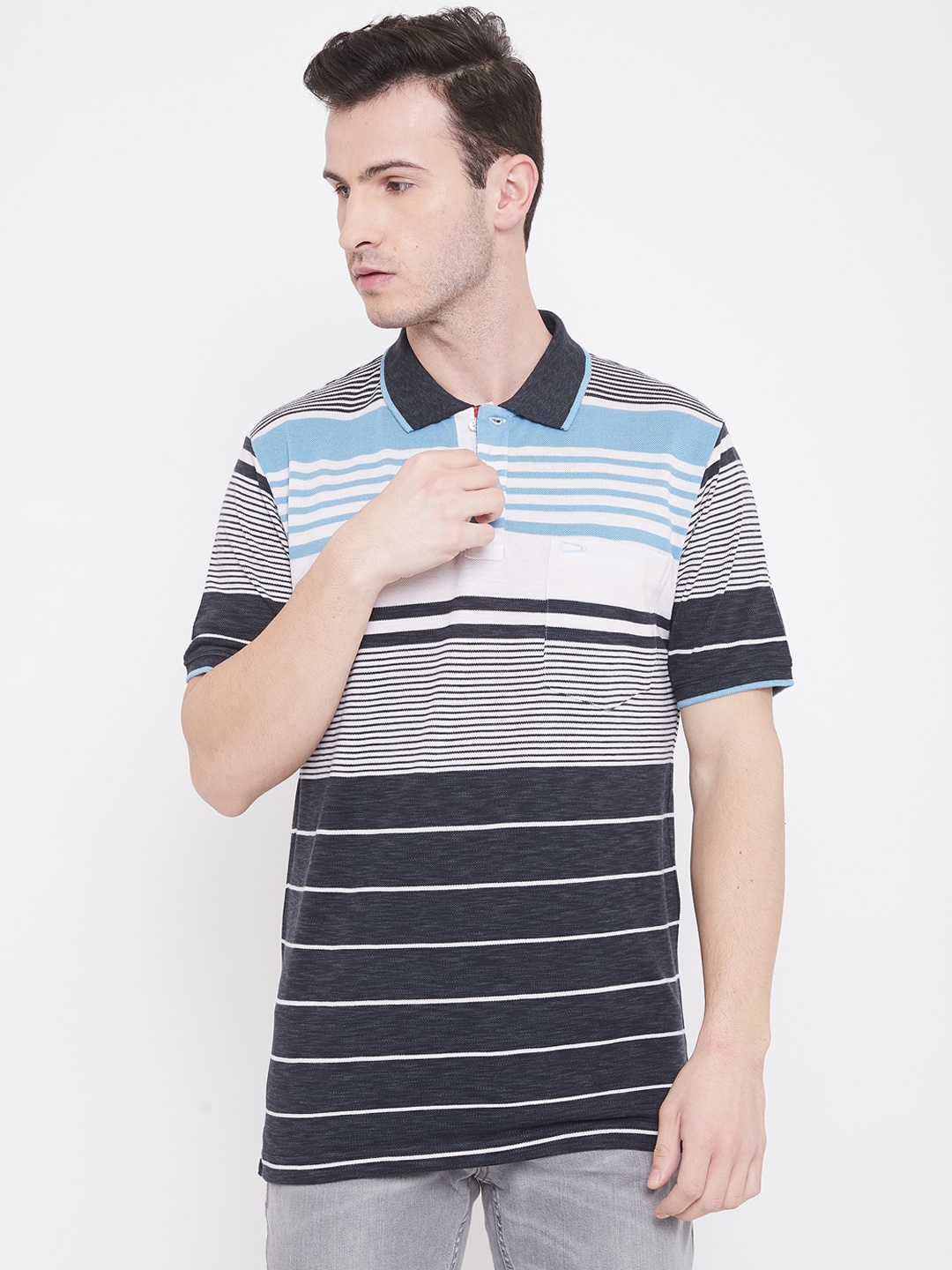 

Duke Men Black Striped Polo Collar T-shirt