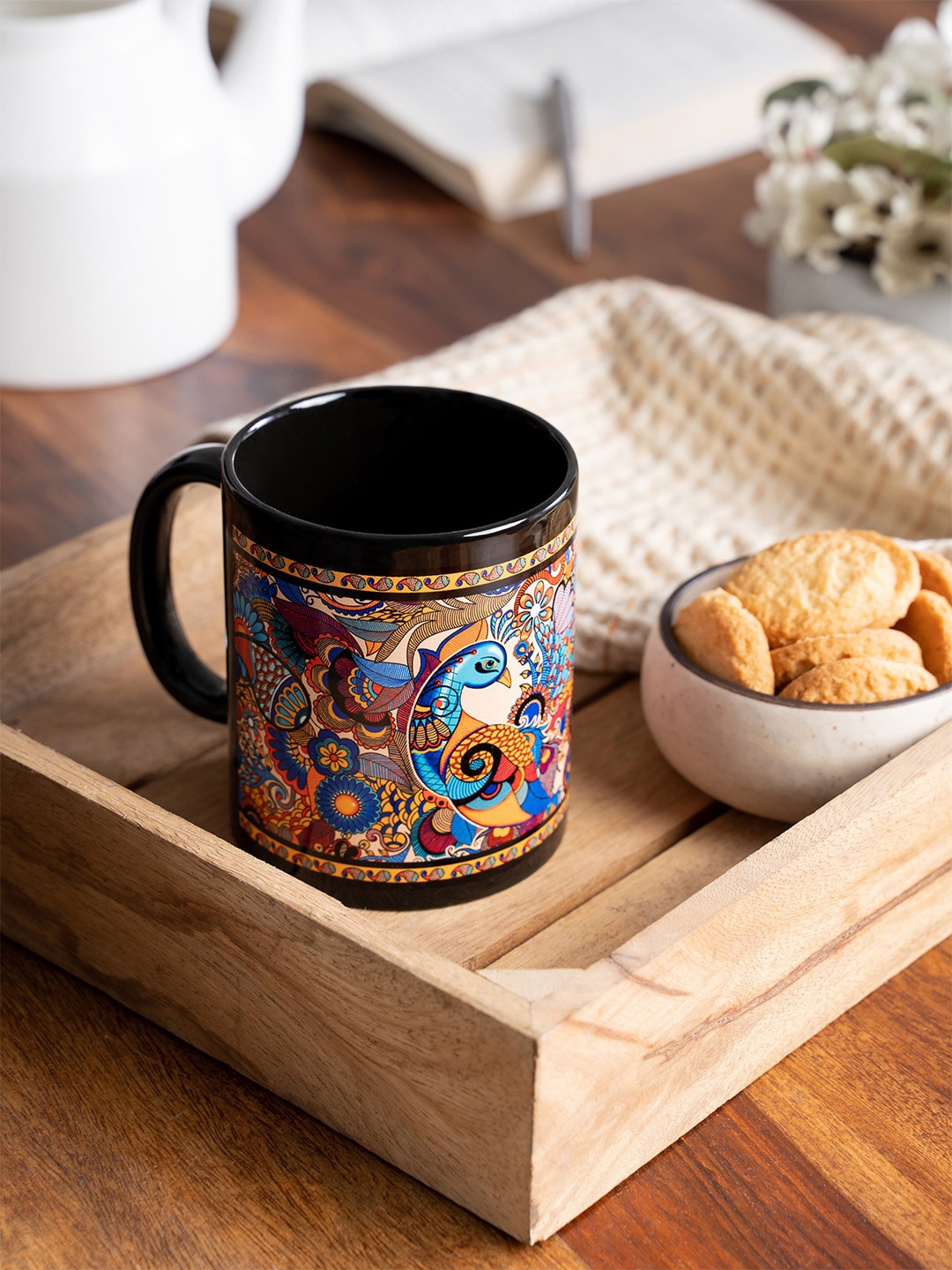 KOLOROBIA Black & Blue Printed Peacock Admiration Ceramic Mug