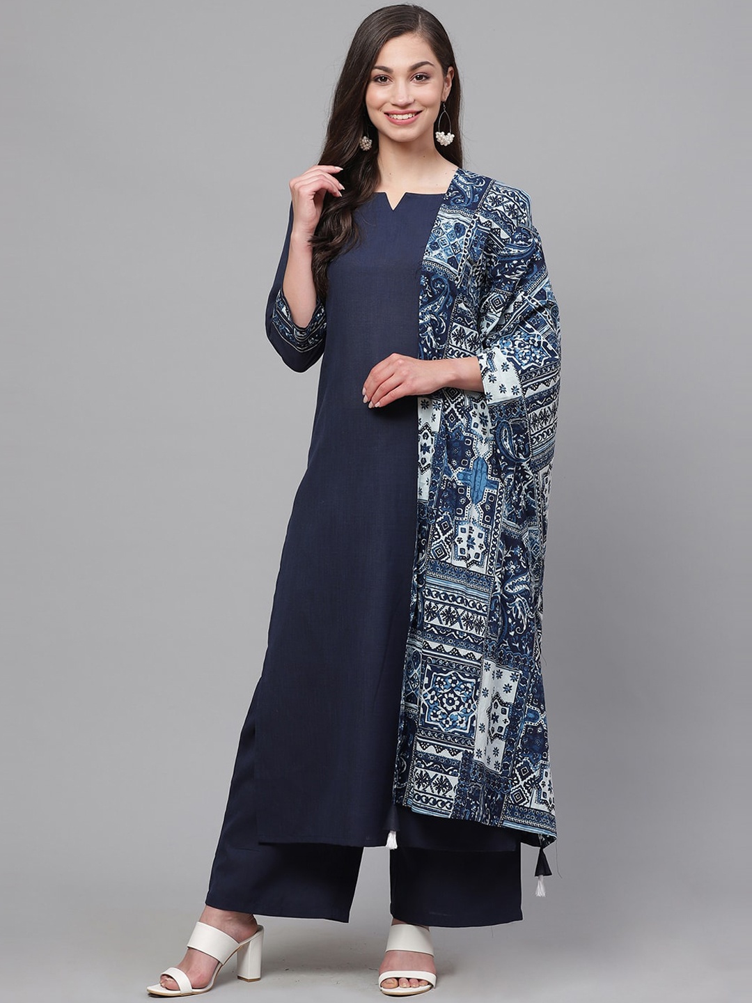 

Indo Era Women Navy Blue Solid Kurta with Palazzos & Dupatta