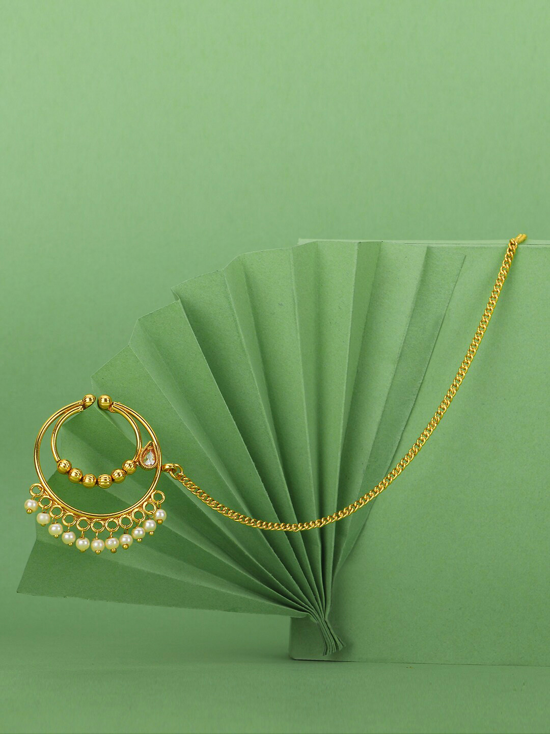 

Adwitiya Collection 24 CT Gold-Plated Stone-Studded Chained Nose Pin