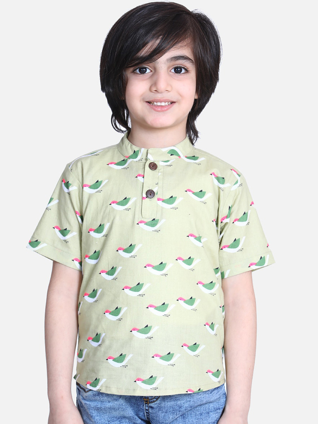 

Cutiekins Boys Green Printed Mandarin Collar T-shirt