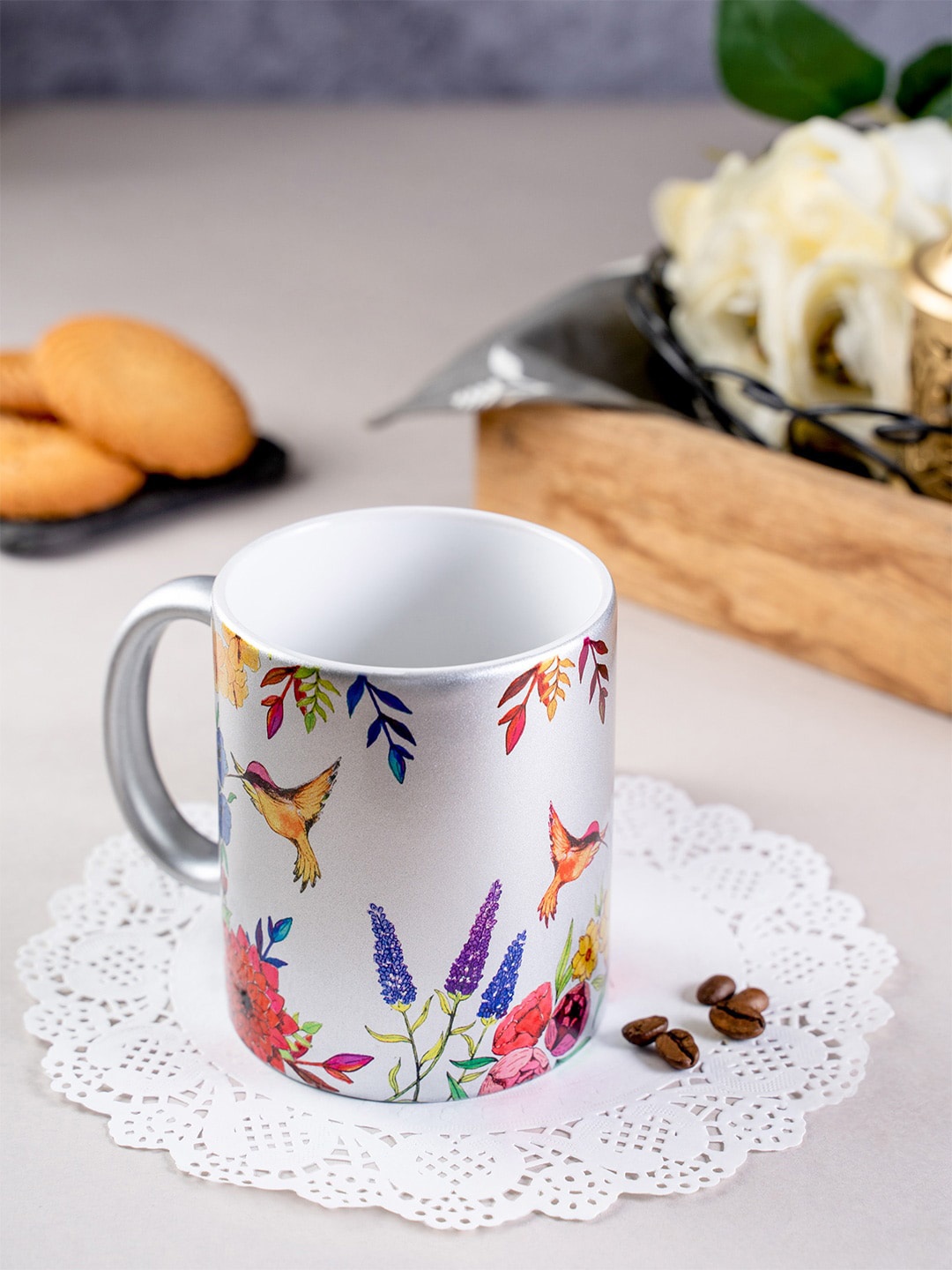 KOLOROBIA White & Pink Printed Ceramic Humming Bird Inspired Mug