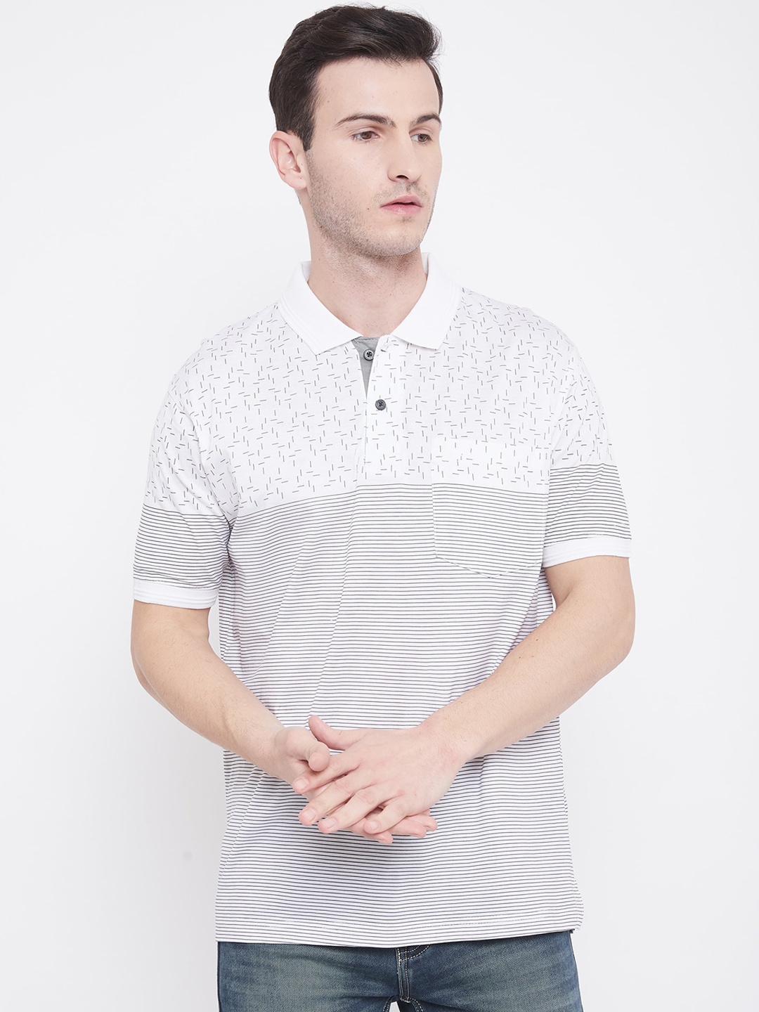 

Duke Men White Striped Polo Collar T-shirt