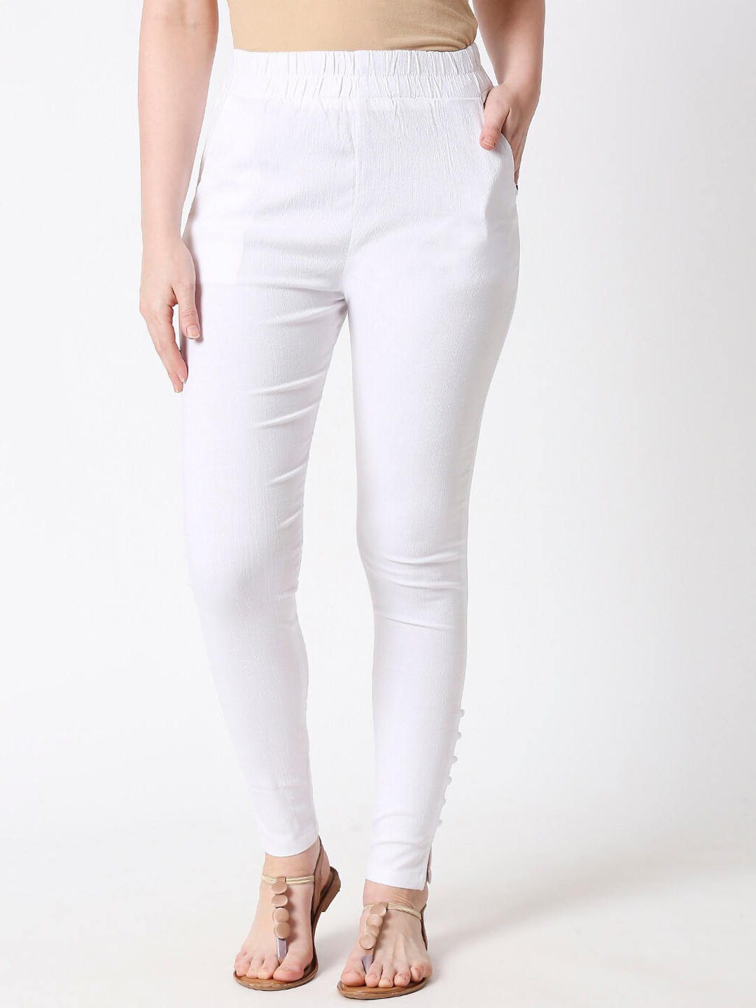 

ZRI Women White Regular Fit Self Design Regular Trousers