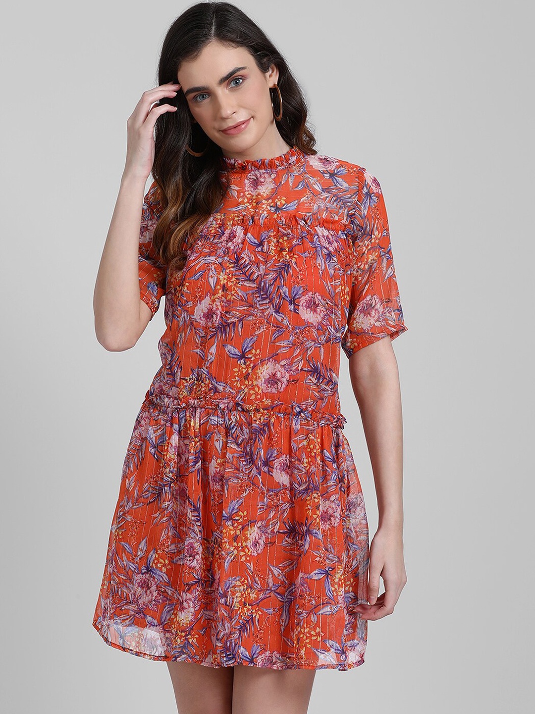 

Zink London Women Orange Printed Fit and Flare Dress