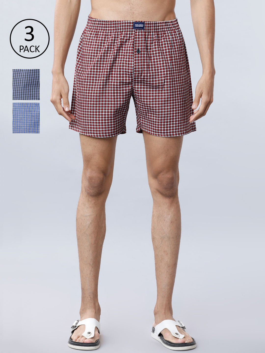 

Highlander Mens Pack of 3 Checked Below Knee Length Boxer, Blue