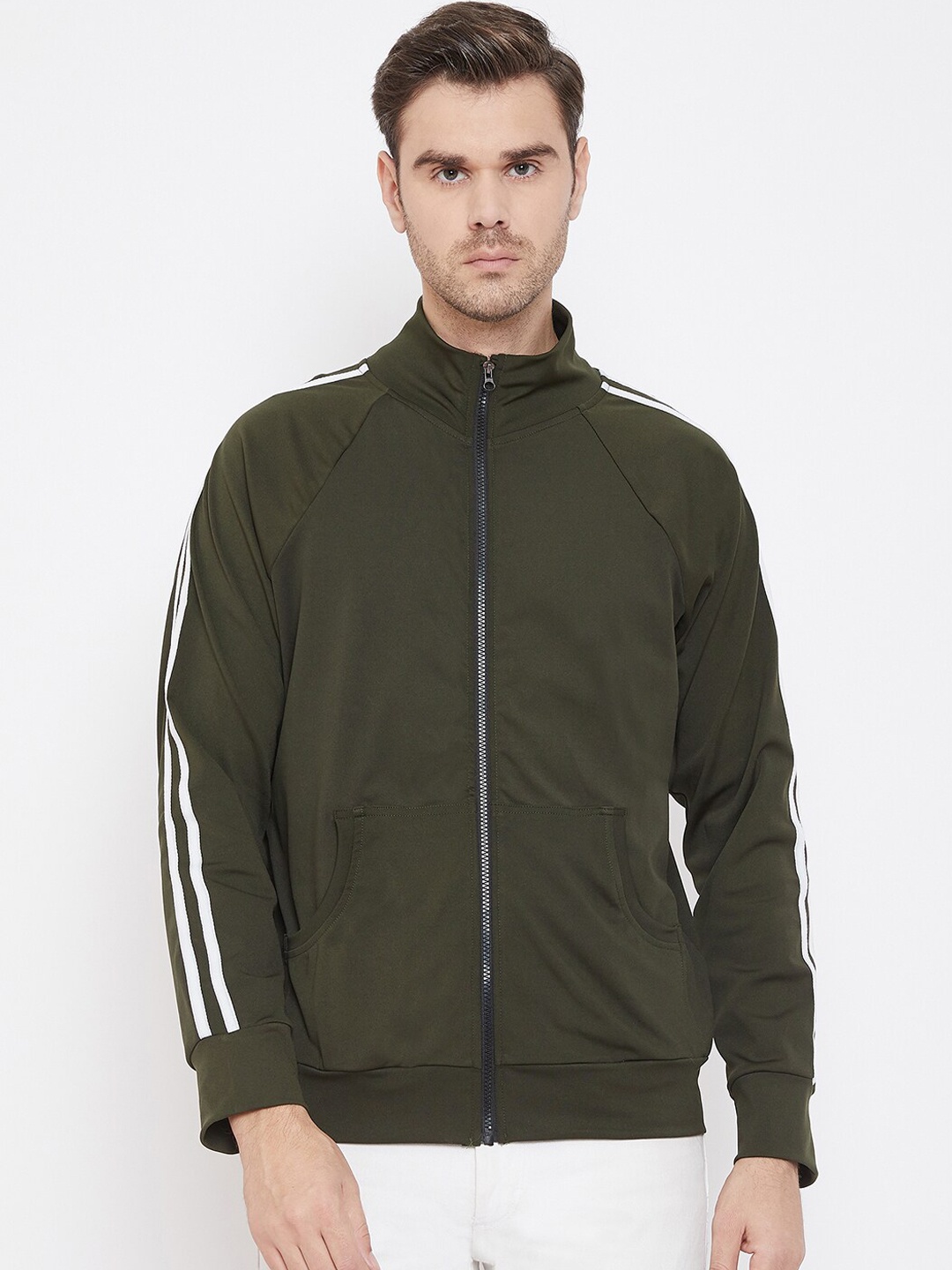 

CHROME & CORAL Men Olive Green Solid Bomber