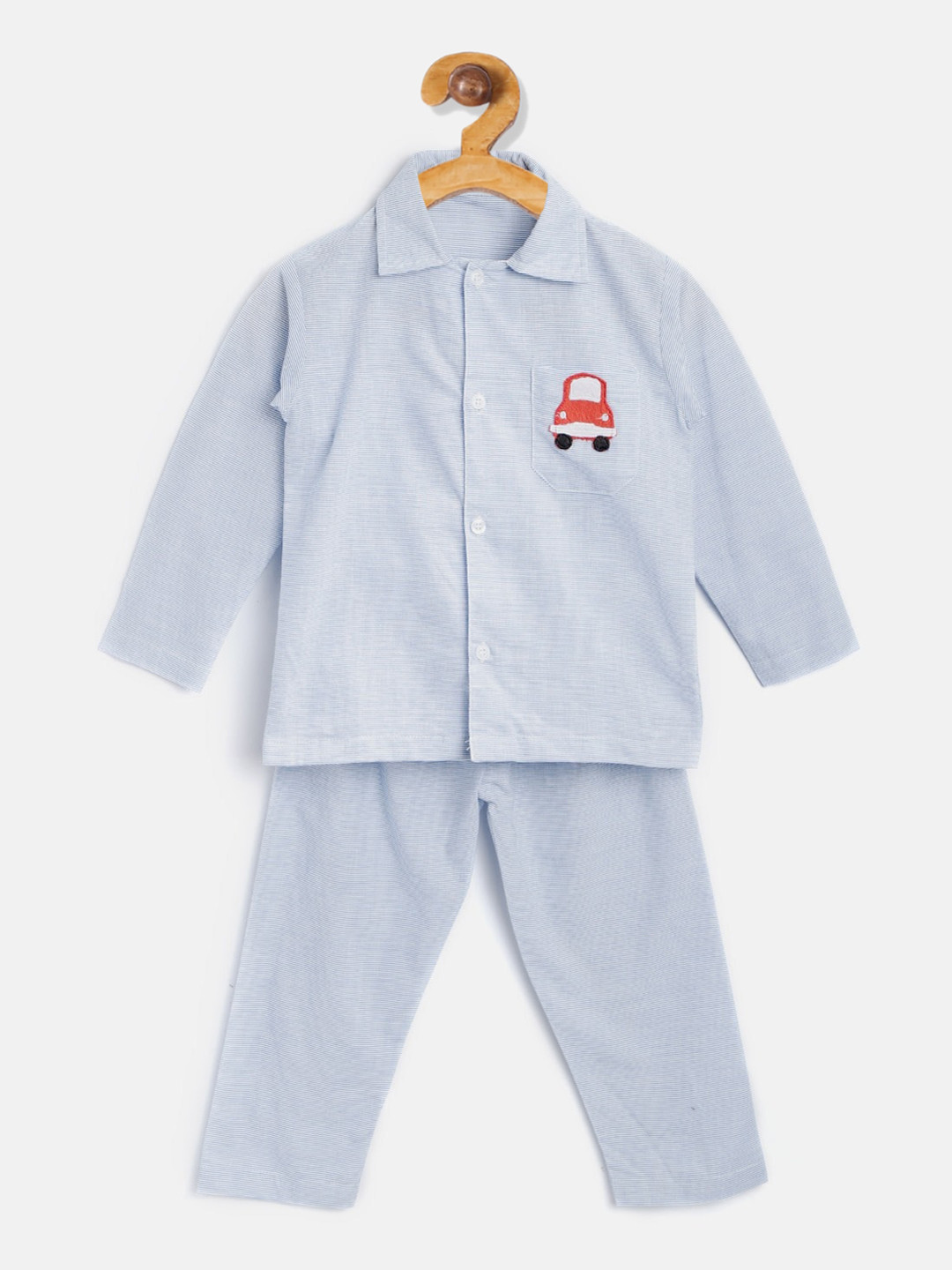 

Kids Clan Unisex Kids Blue & White Striped Car Patch Night Suit