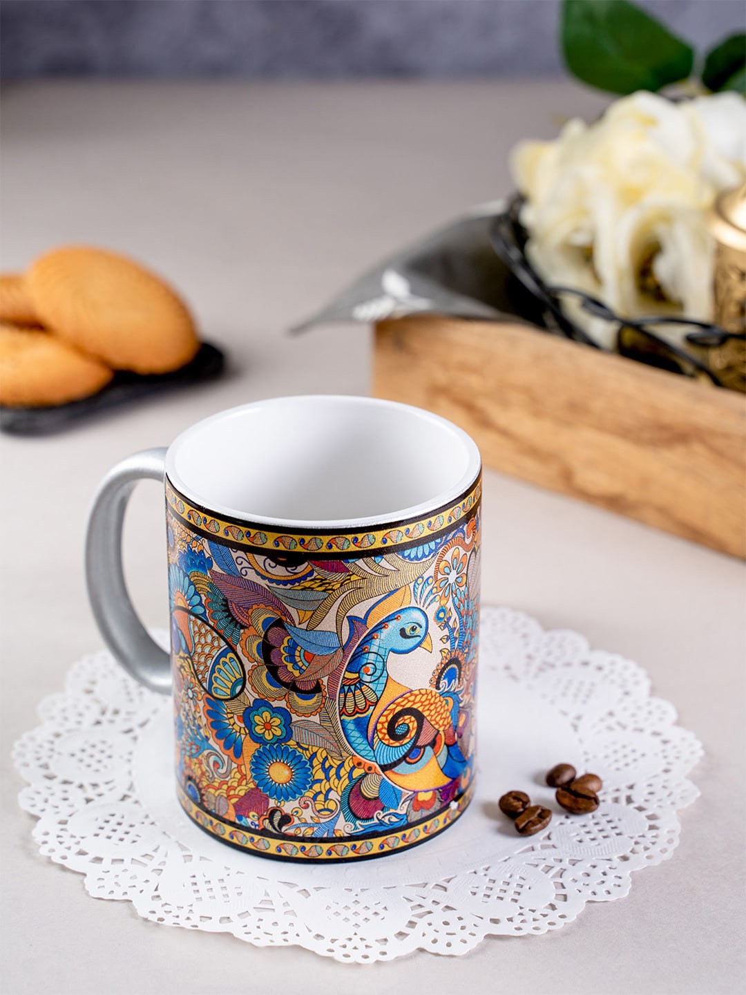 

KOLOROBIA Blue & Gold-toned Peacock Admiration Printed Ceramic Mug