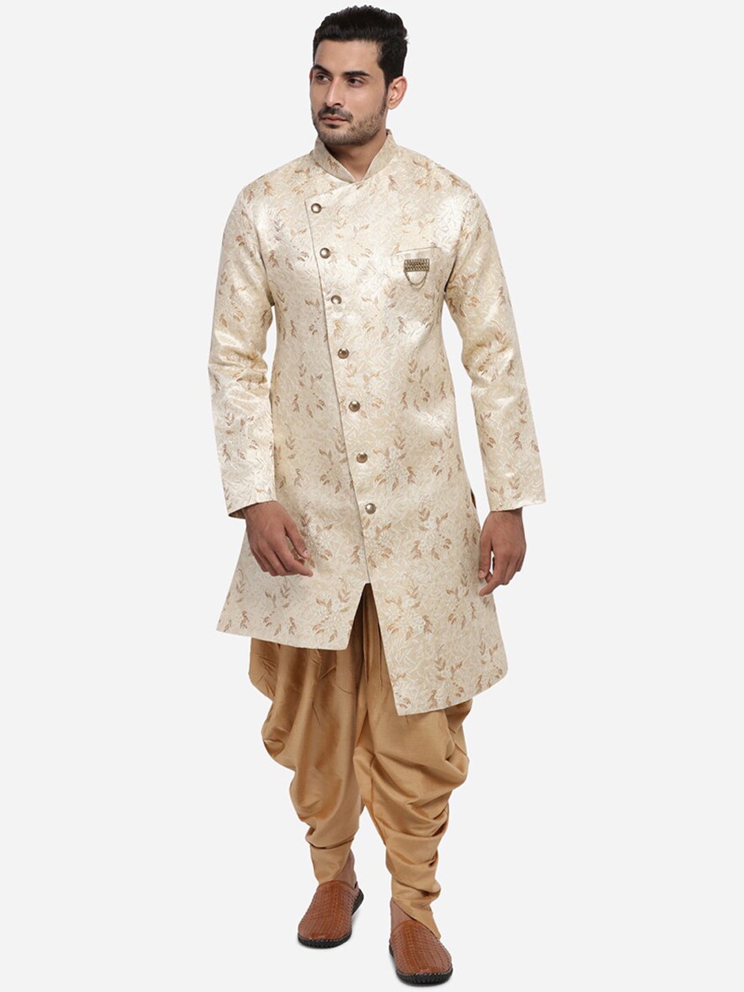 

azania Men Cream-Coloured & Brown Woven Design Kurta with Dhoti Pants