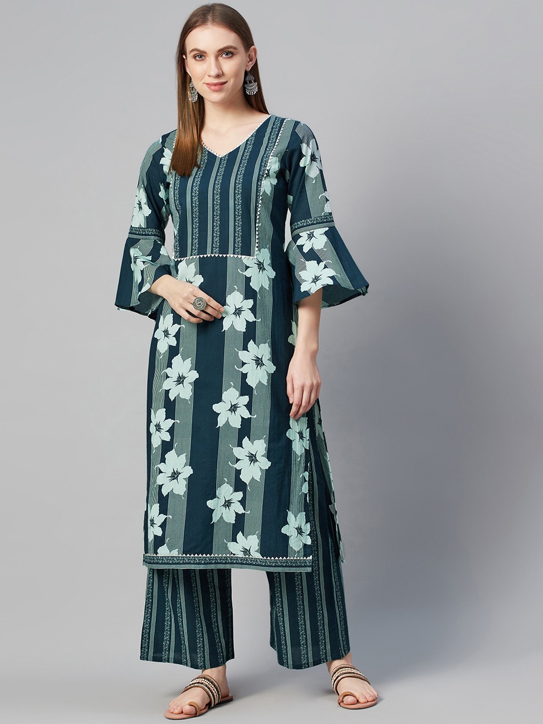 

ZIYAA Women Teal Blue Printed Straight Kurta