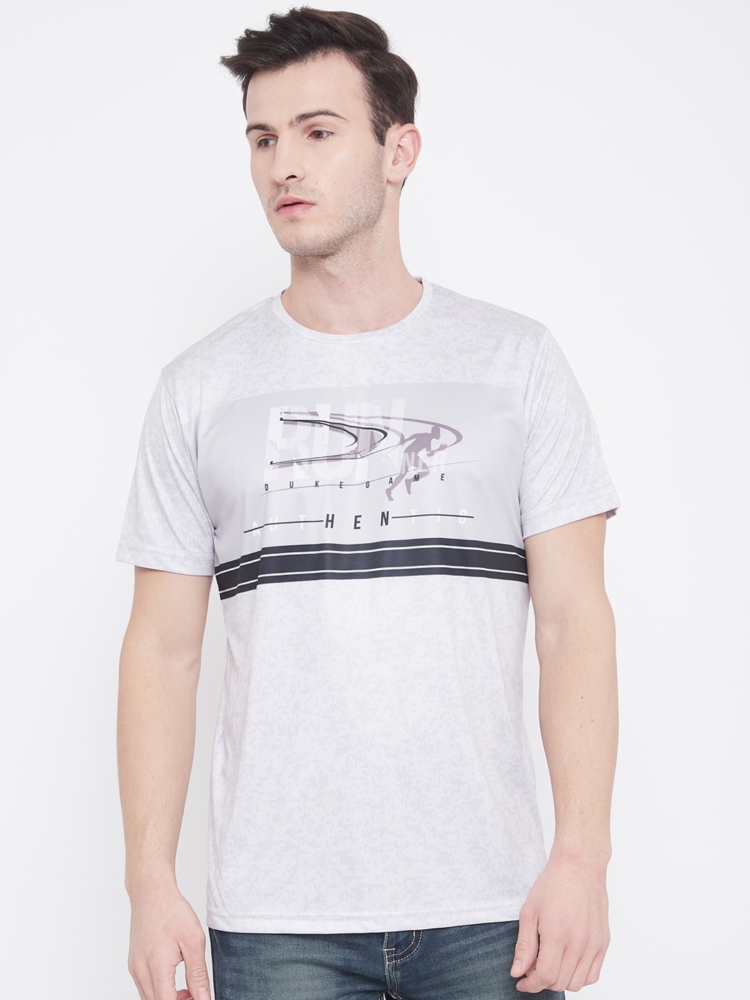 Duke Men Grey Printed Round Neck Cotton T-shirt