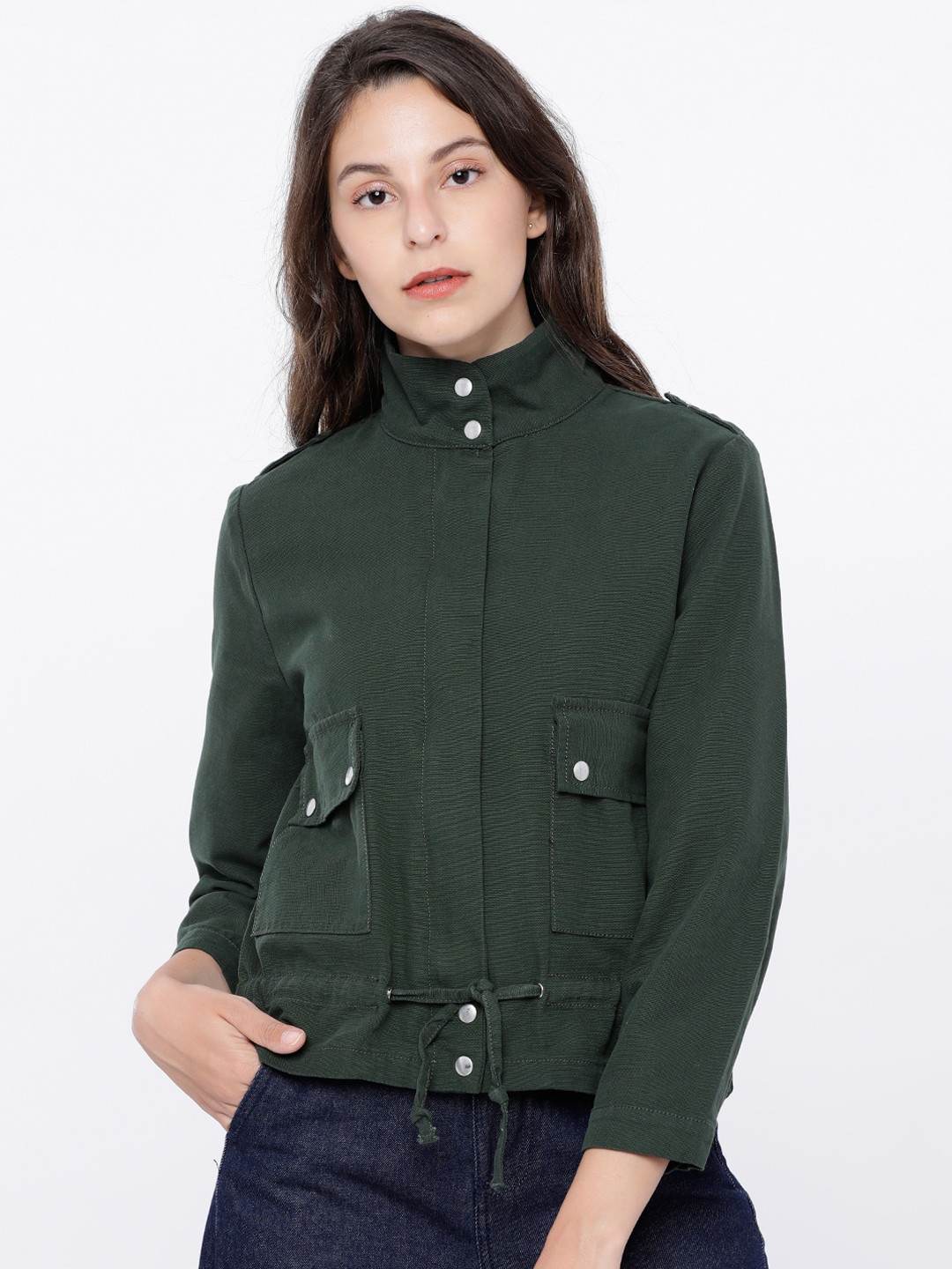 

Tokyo Talkies Women Olive Green Solid Tailored Jacket