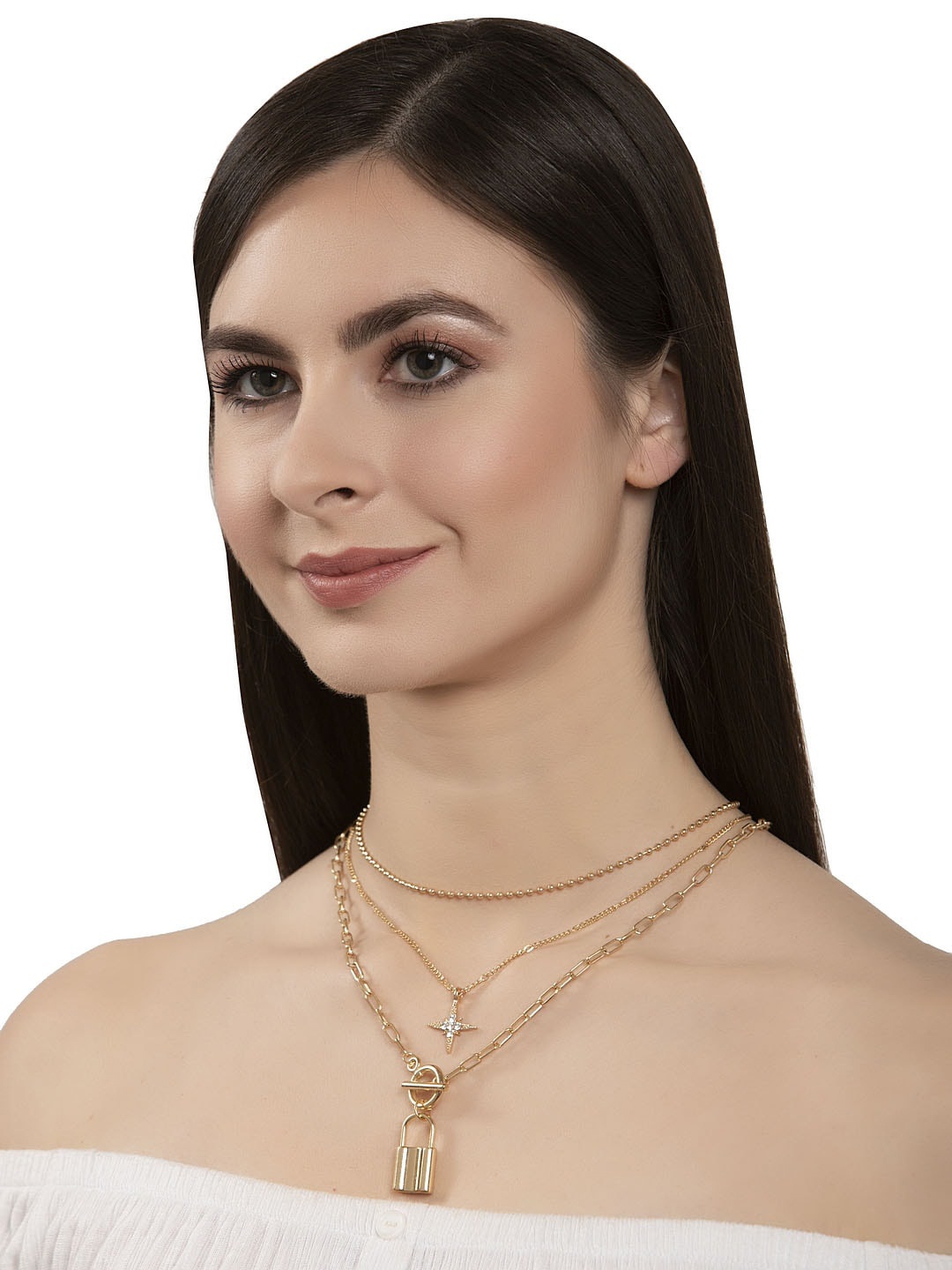 Shining Diva Fashion Gold-Plated Statement Multi Layer Chain Necklace