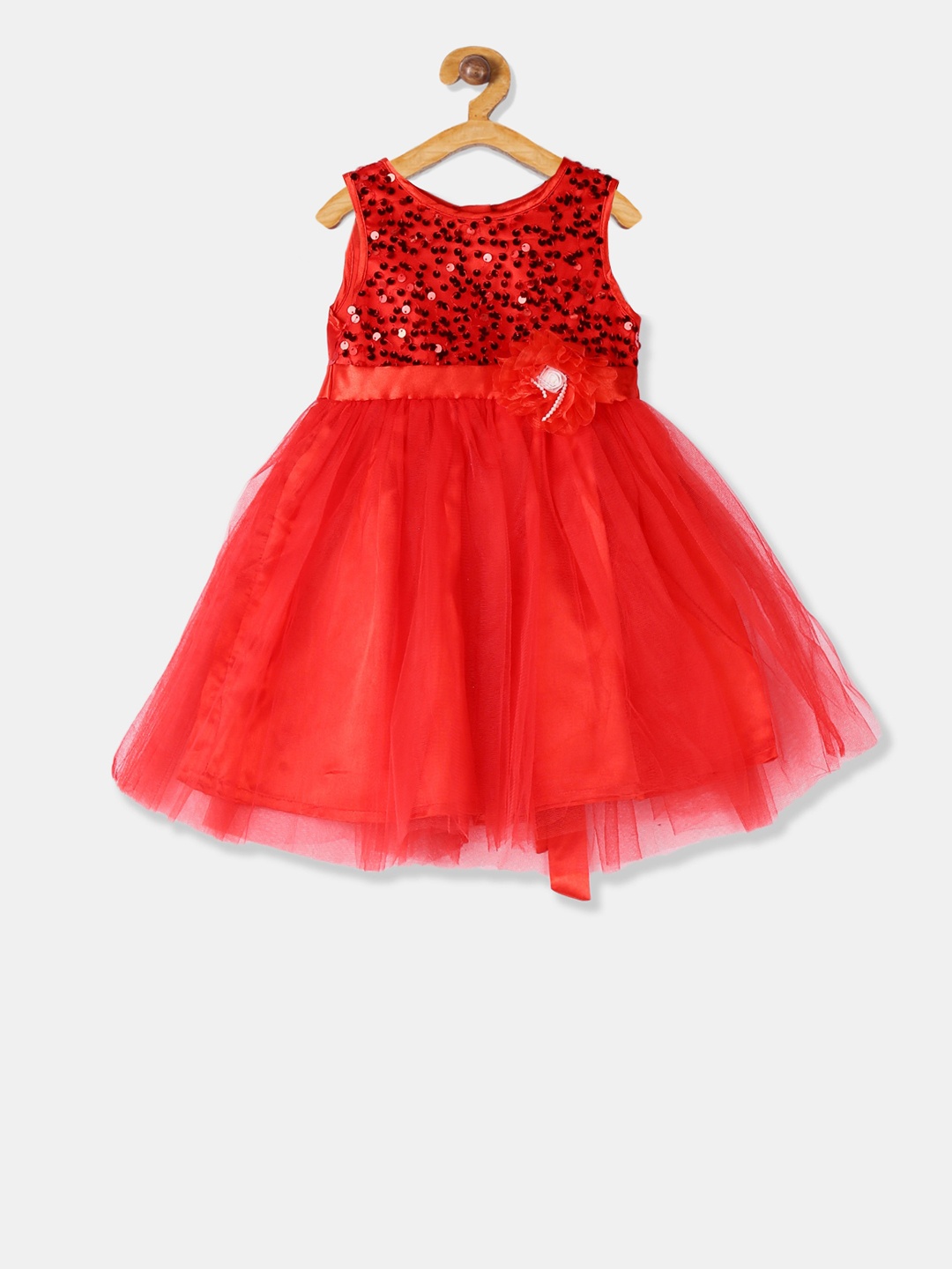 

Cherokee Girls Red Solid Fit and Flare Round Neck Embellished Dress