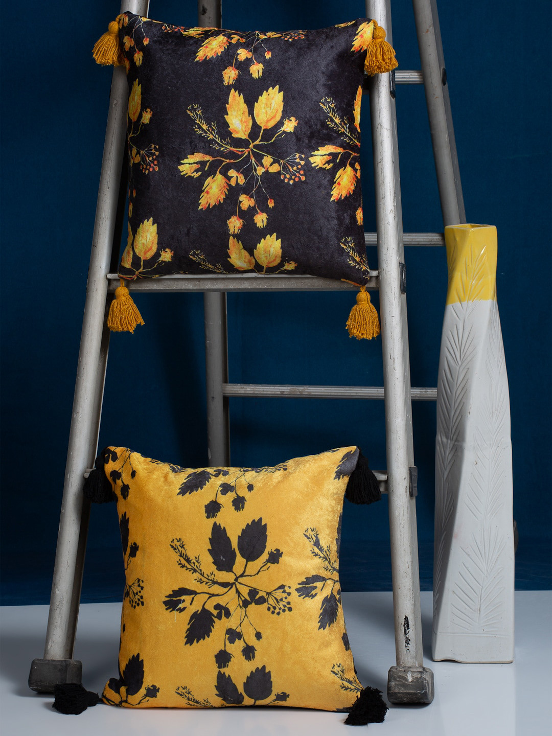 

HOSTA HOMES Set Of 2 Black & Yellow Floral Printed With Tassels Cushion Covers