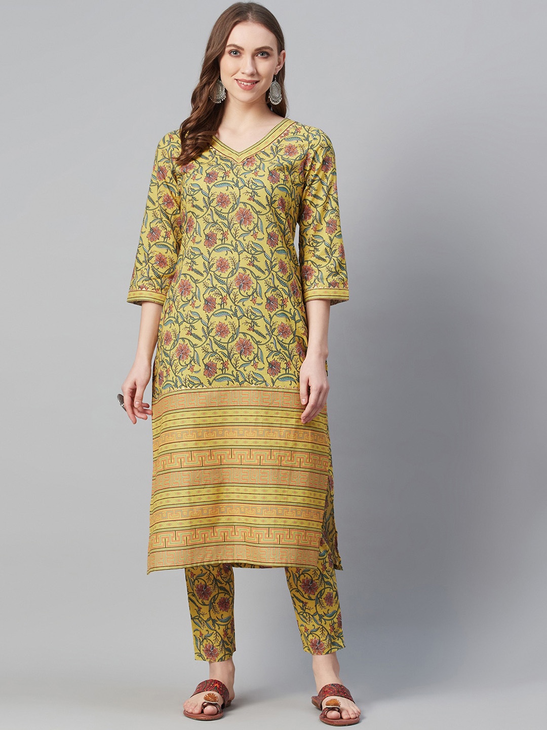 

ZIYAA Women Mustard Floral Printed Straight Cotton Kurta