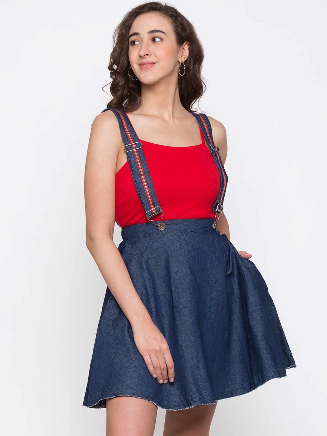 

Globus Women Blue Solid Denim A-Line Mini Pure Cotton Skirt