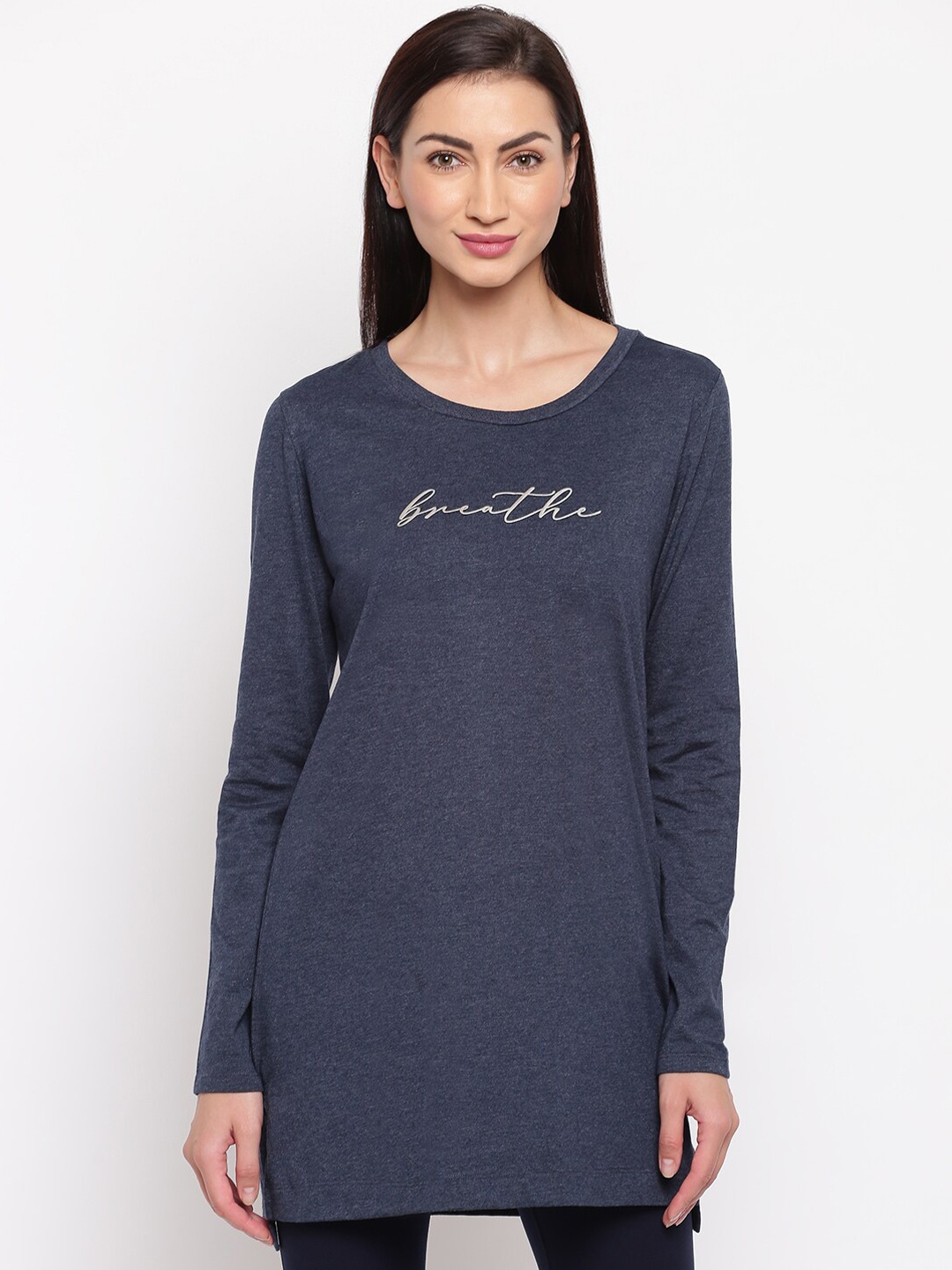 

Enamor Women Navy Blue Printed Detail Pure Cotton Round Neck Longline Lounge T-shirt