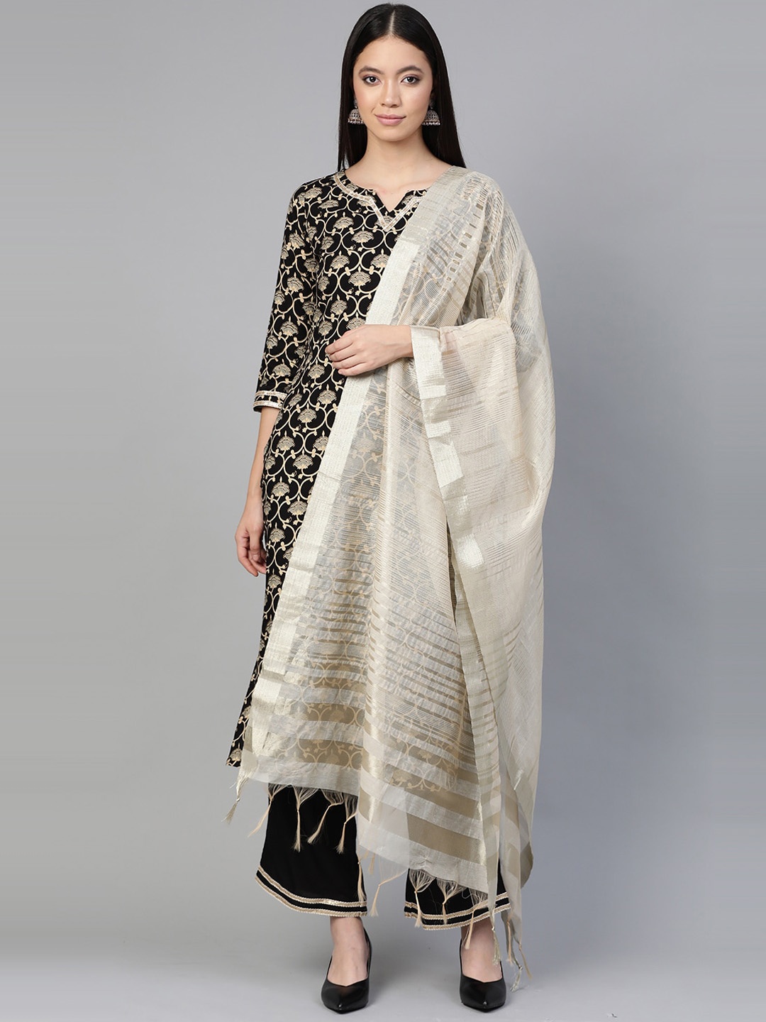 

Indo Era Women Black Woven Design Kurta with Trousers & Dupatta