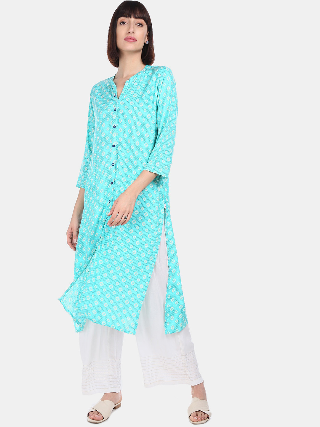 

Karigari Women Turquoise Blue Printed A-Line Kurta