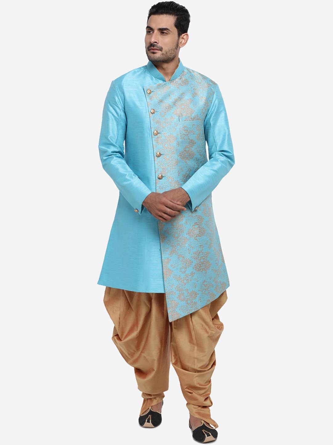 

azania Men Blue & Gold-Toned Woven Design Kurta with Dhoti Pants