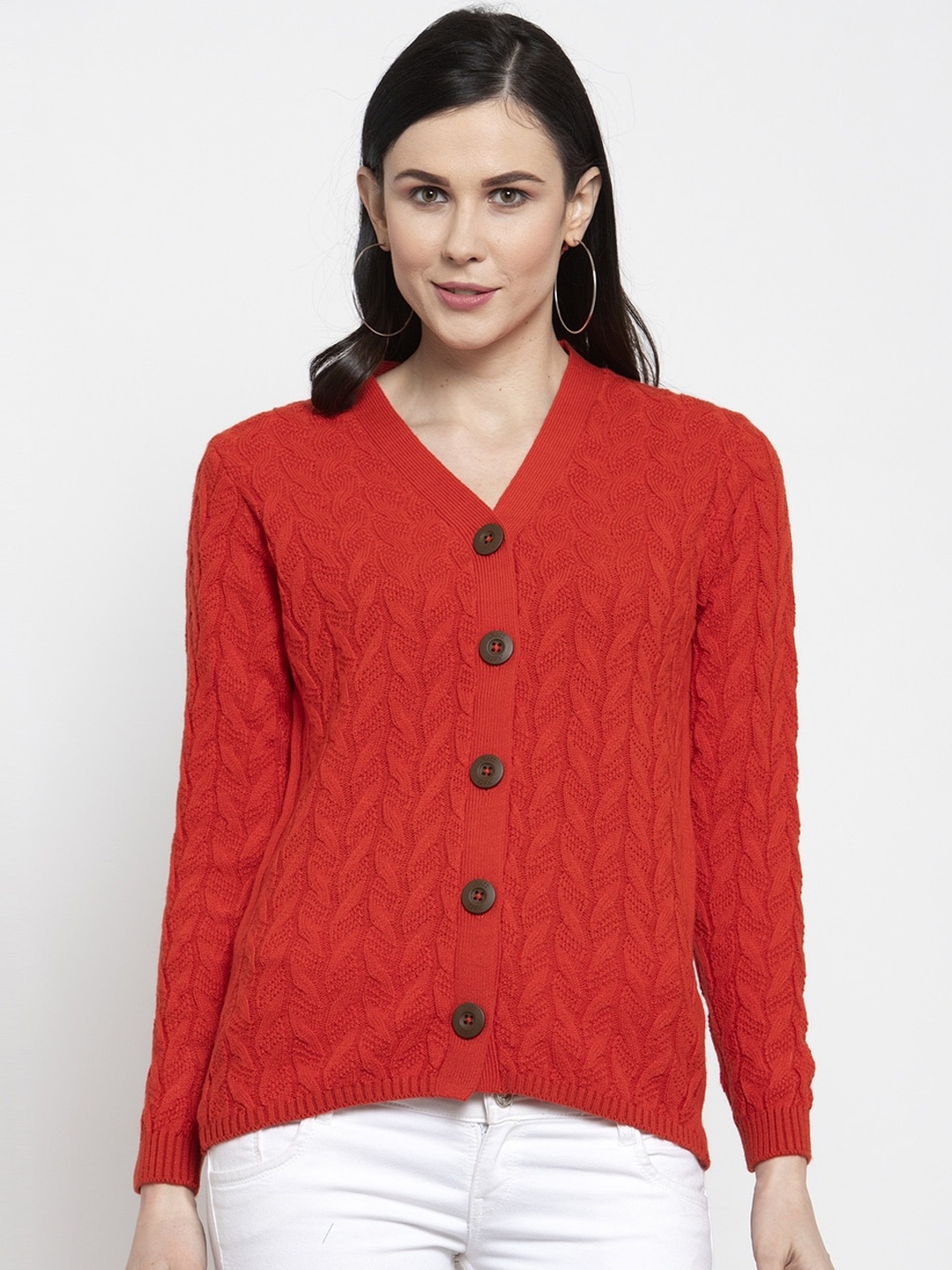 

Kalt Women Rust Red Self-Design Cardigan Sweater
