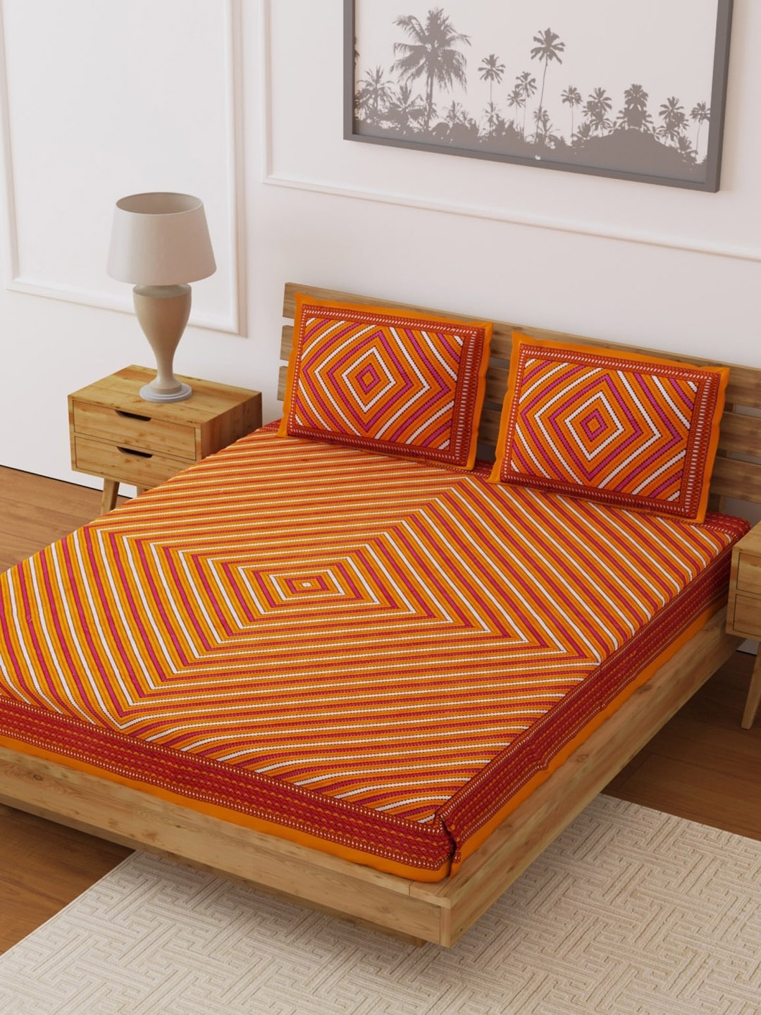 LIVING ROOTS Orange & Pink Geometric 210 TC Cotton 1 Queen Bedsheet with 2 Pillow Covers