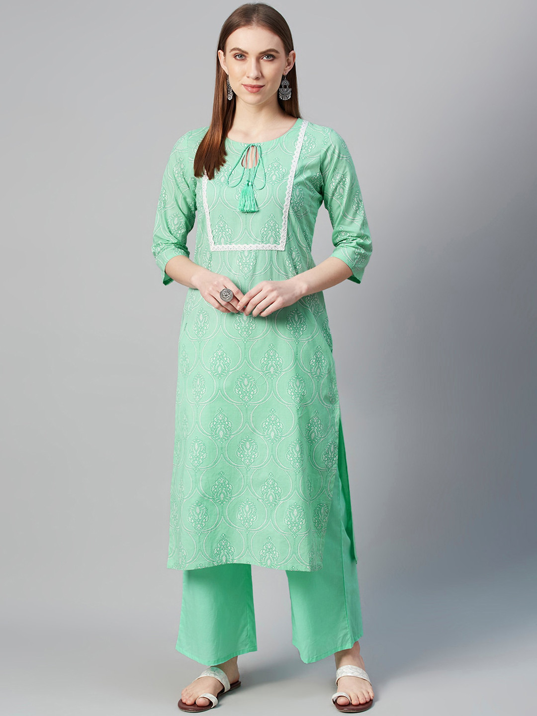 

ZIYAA Women Green Yoke Design Straight Kurta