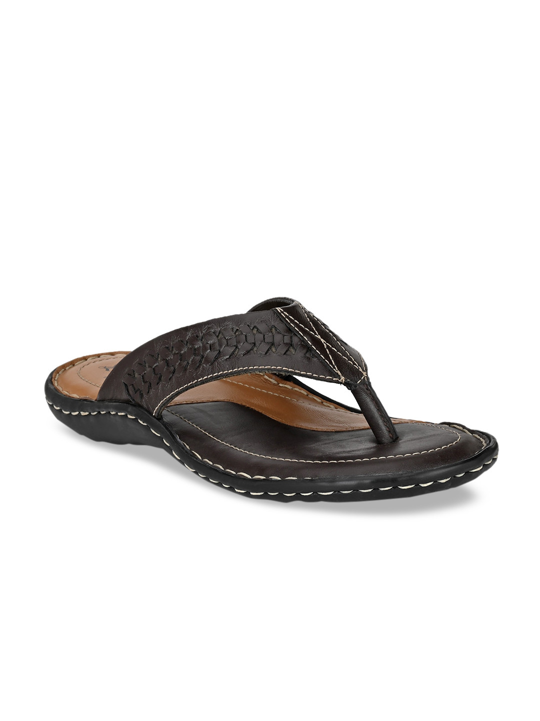 

SHENCES Men Brown Woven Design Leather Comfort Sandals