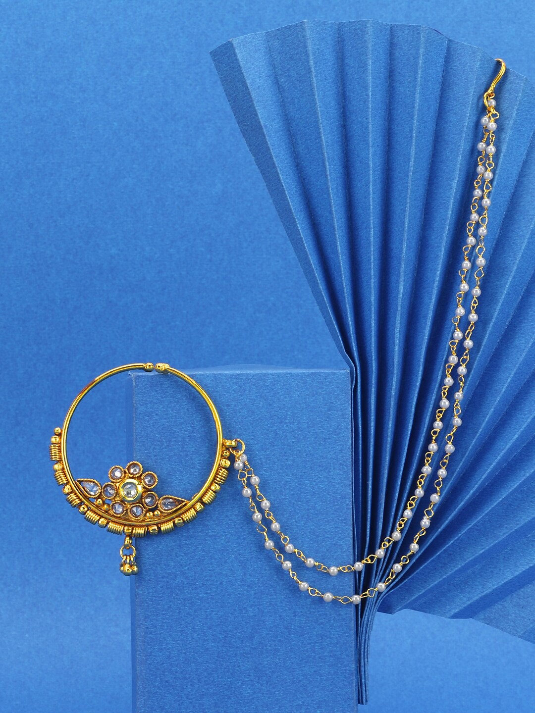 

Adwitiya Collection Gold-Plated Stone-Studded Chained Nose Pin