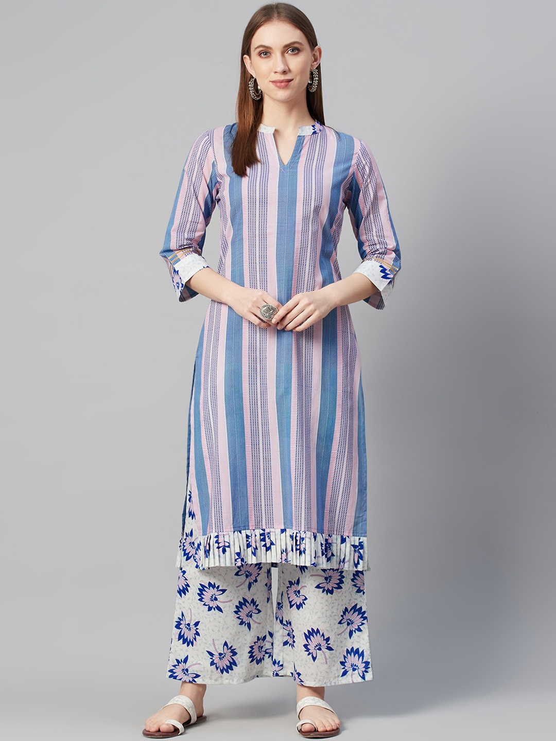 

ZIYAA Women Pink & Blue Printed Straight Cotton Kurta