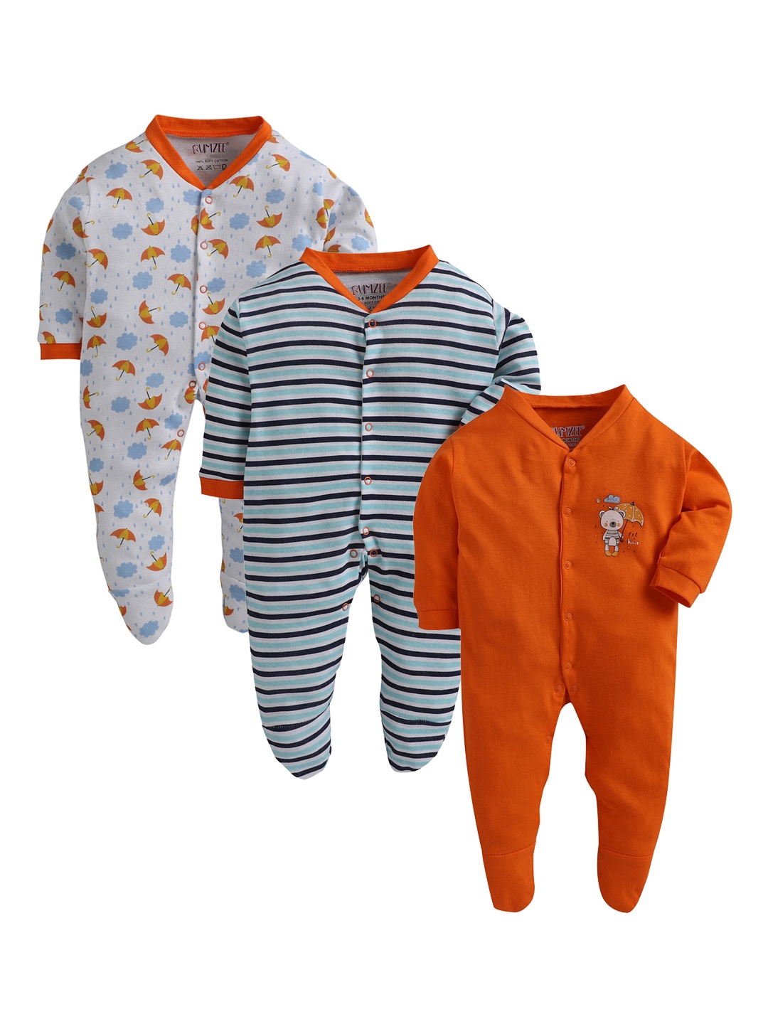 

BUMZEE Infant Unisex Kids Pack Of 3 Sleepsuits, Orange
