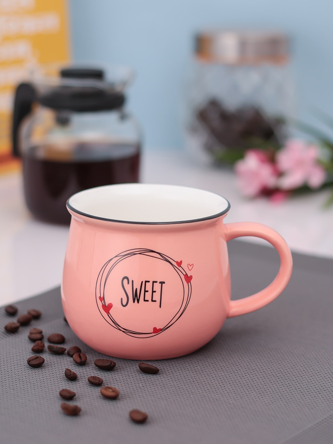 

JCPL Peach Coloured & Black Printed Fine Ceramic Donald 350 ml Milk Mug
